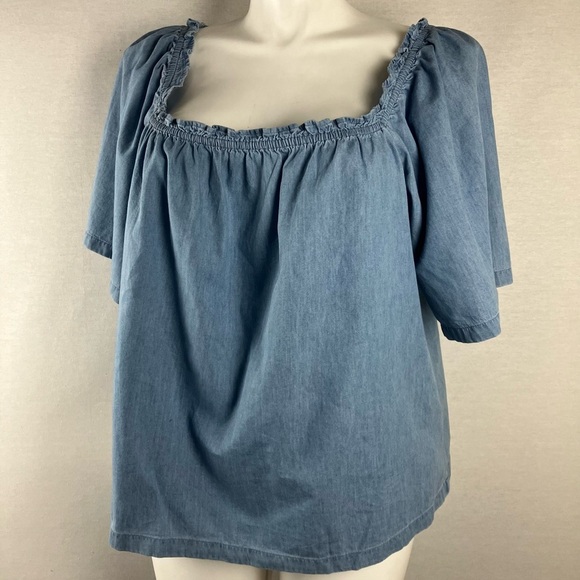 GAP Blue Ruched Puff Sleeve Blouse - Picture 2 of 7